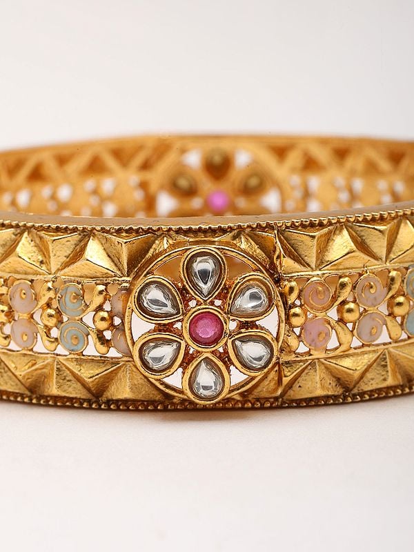 Exotic India Floral Design Stone Studded Openable Pair Of Bangles