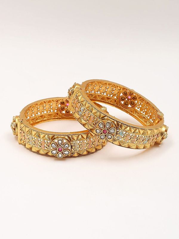exotic india Floral Design Stone Studded Openable Pair of Bangles 