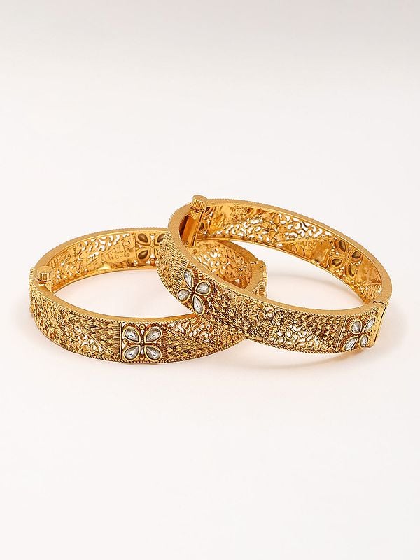 exotic india Floral Design Stone Studded Openable Pair of Bangles