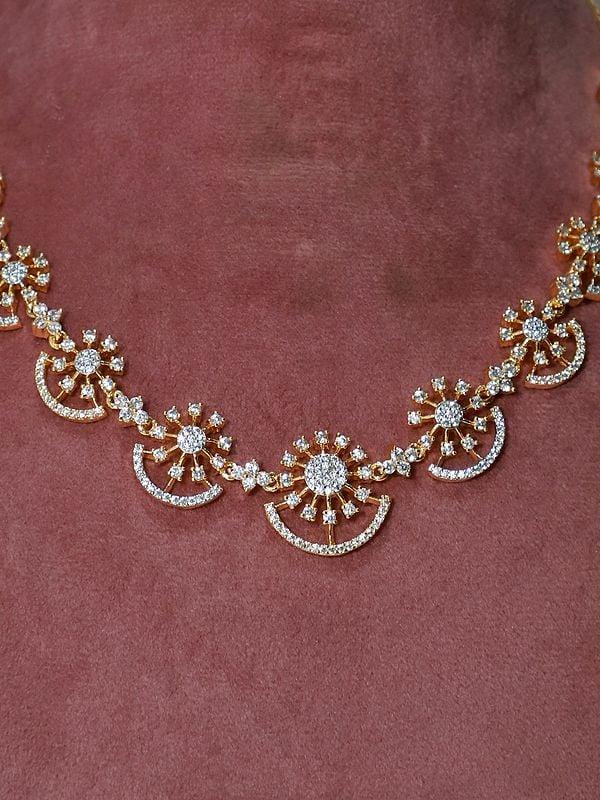 Exotic India Floral Design Stunning Embellished American Diamond Necklace Set With Earrings