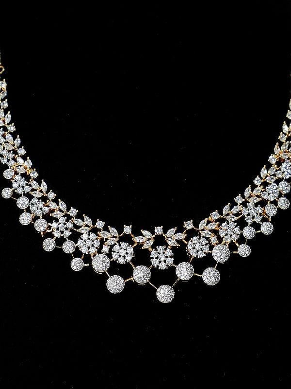 Exotic India Floral Design Stunning Stone Studded American Diamond Necklace Set With Earrings 