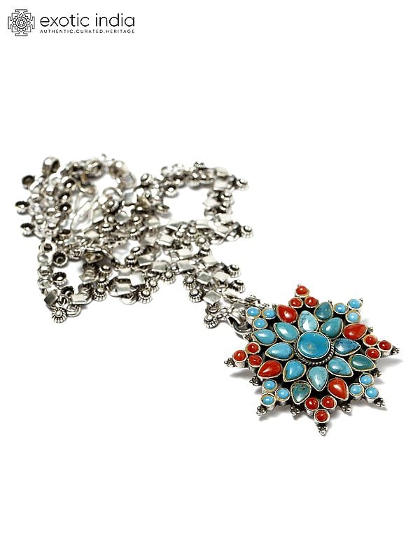 Exotic India Floral Design Turquoise And Coral Pendant Necklace 