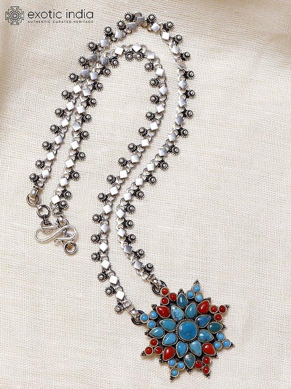 Exotic India Floral Design Turquoise And Coral Pendant Necklace 