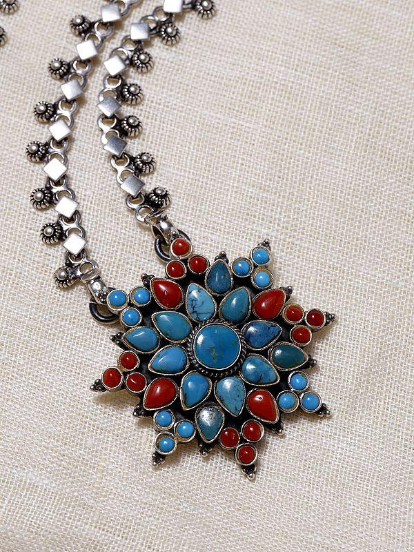 Exotic India Floral Design Turquoise And Coral Pendant Necklace 