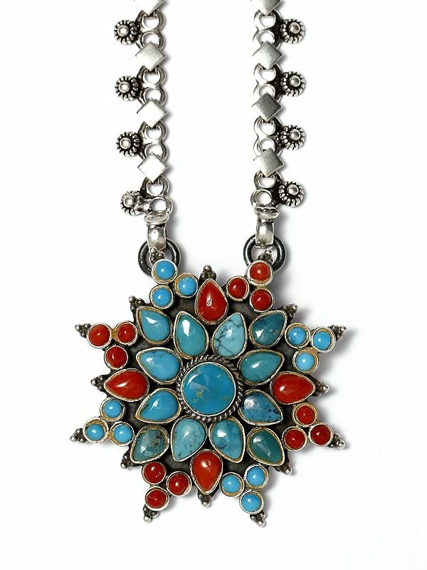 exotic india Floral Design Turquoise and Coral Pendant Necklace 