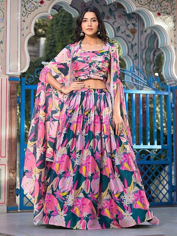Exotic India Floral Digital Print All Over Georgette Party Wear Lehenga Choli With Matching Shrug