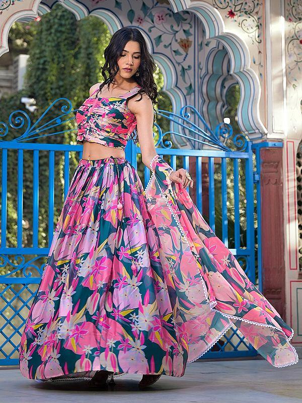 Exotic India Floral Digital Print All Over Georgette Party Wear Lehenga Choli With Matching Shrug