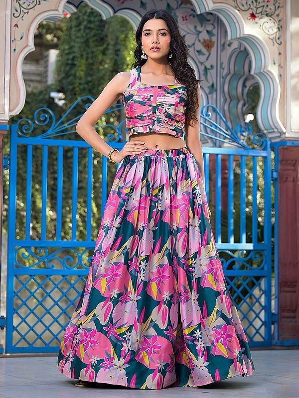 Exotic India Floral Digital Print All Over Georgette Party Wear Lehenga Choli With Matching Shrug