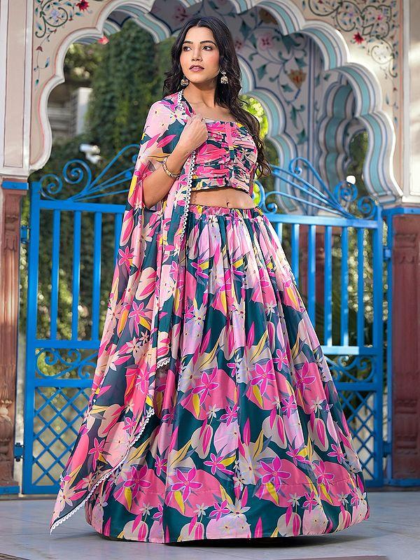 exotic india Floral Digital Print All Over Georgette Party Wear Lehenga Choli With Matching Shrug 
