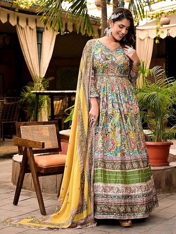 Exotic India Floral Digital Print And Flared Attractive Festive Wear Soft Dola Silk Anarkali Gown With Matching Dupatta 