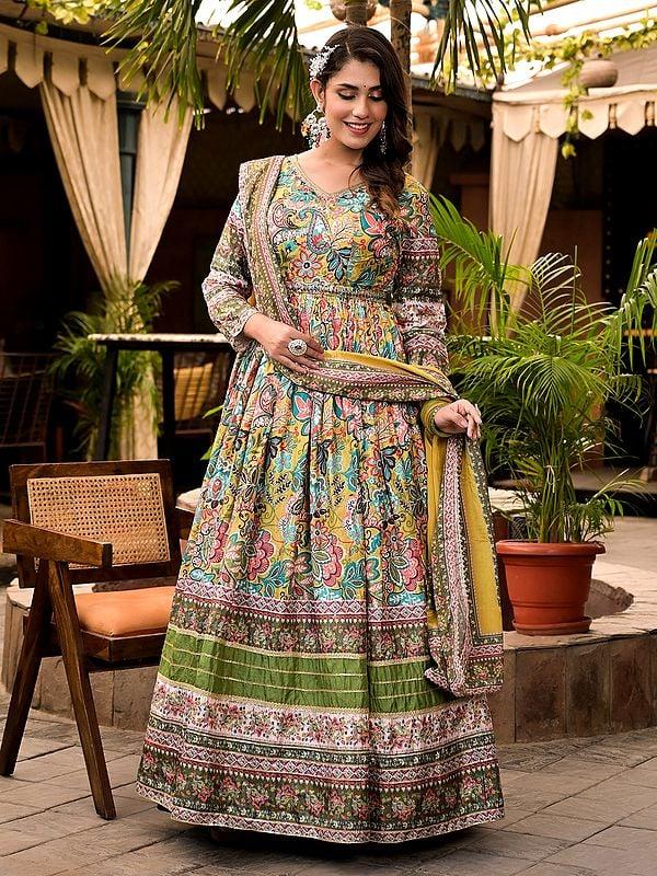 Exotic India Floral Digital Print And Flared Attractive Festive Wear Soft Dola Silk Anarkali Gown With Matching Dupatta 