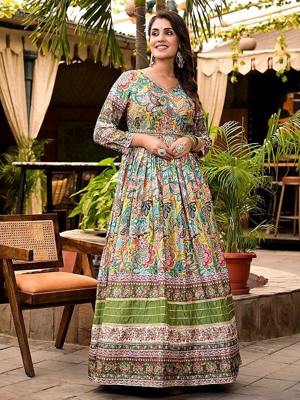 Exotic India Floral Digital Print And Flared Attractive Festive Wear Soft Dola Silk Anarkali Gown With Matching Dupatta 