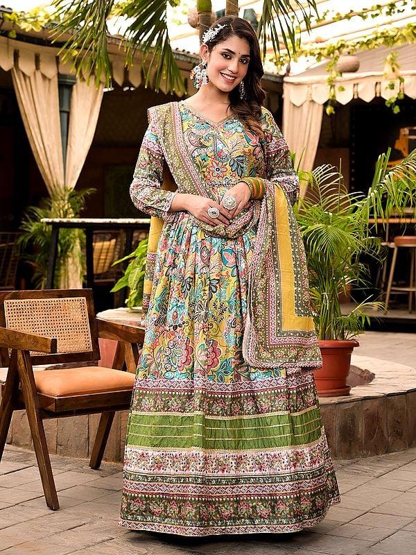 exotic india Floral Digital Print And Flared Attractive Festive Wear Soft Dola Silk Anarkali Gown With Matching Dupatta