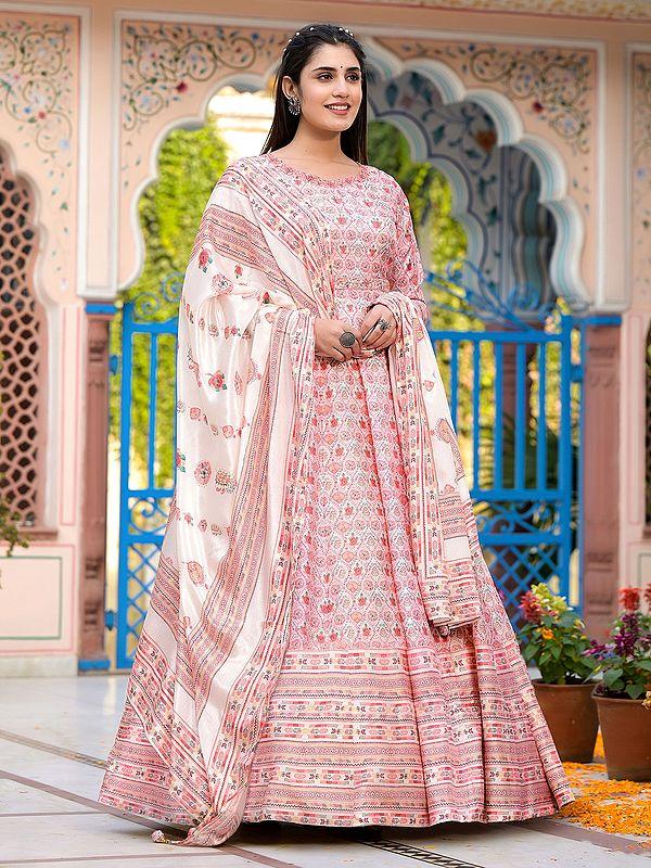 Exotic India Floral Digital Printed Stunning Dola Silk Festive Wear Anarkali Gown With Matching Soft Chinon Dupatta