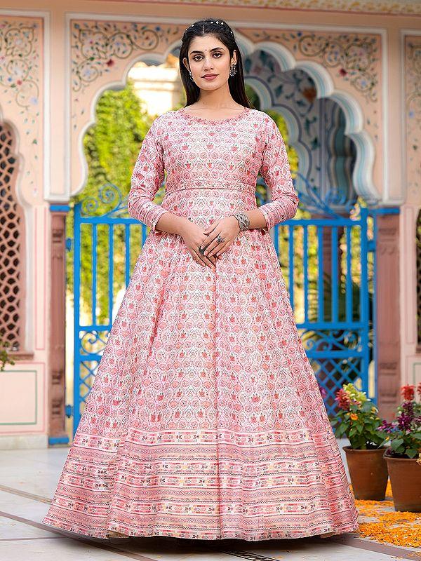 Exotic India Floral Digital Printed Stunning Dola Silk Festive Wear Anarkali Gown With Matching Soft Chinon Dupatta