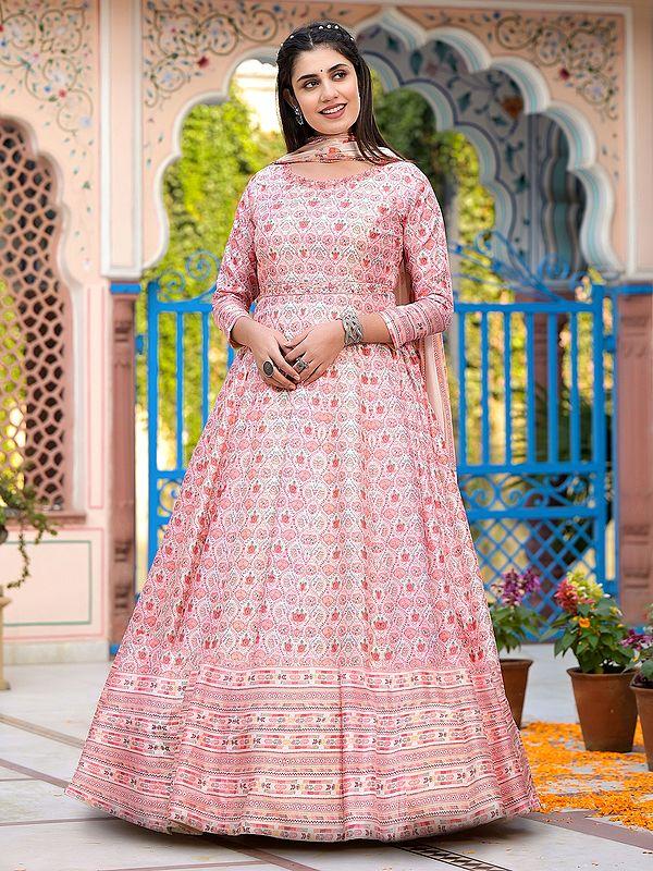 Exotic India Floral Digital Printed Stunning Dola Silk Festive Wear Anarkali Gown With Matching Soft Chinon Dupatta