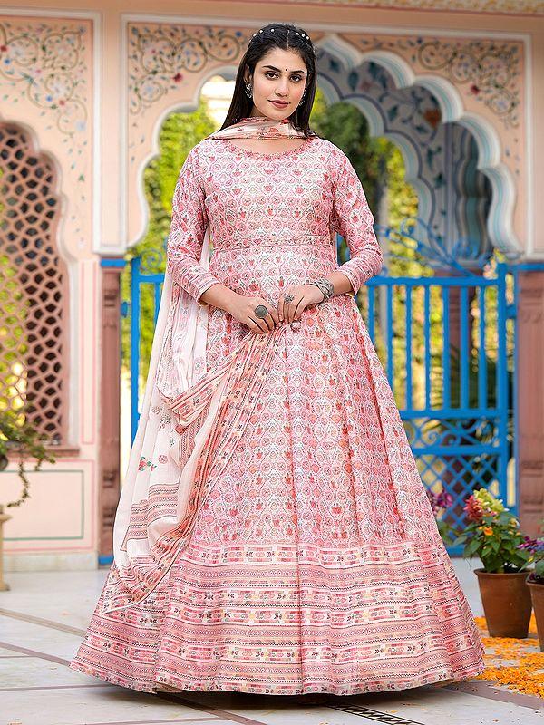 exotic india Floral Digital Printed Stunning Dola Silk Festive Wear Anarkali Gown With Matching Soft Chinon Dupatta 