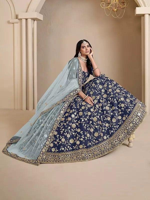 Exotic India Floral Embroidery And Sequins Work Art Silk Wedding Wear Lehenga Choli With Net Dupatta 