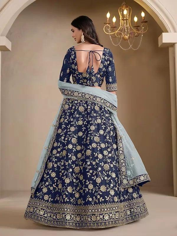 Exotic India Floral Embroidery And Sequins Work Art Silk Wedding Wear Lehenga Choli With Net Dupatta 