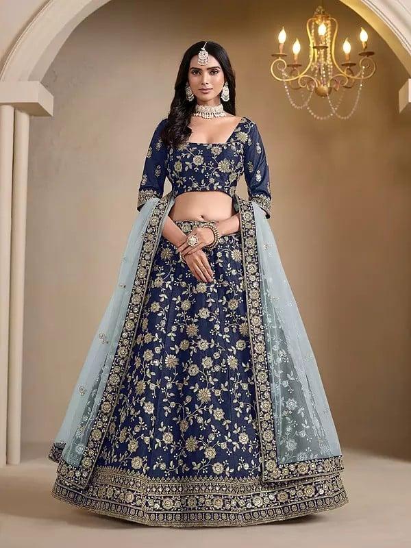 exotic india Floral Embroidery And Sequins Work Art Silk Wedding Wear Lehenga Choli With Net Dupatta