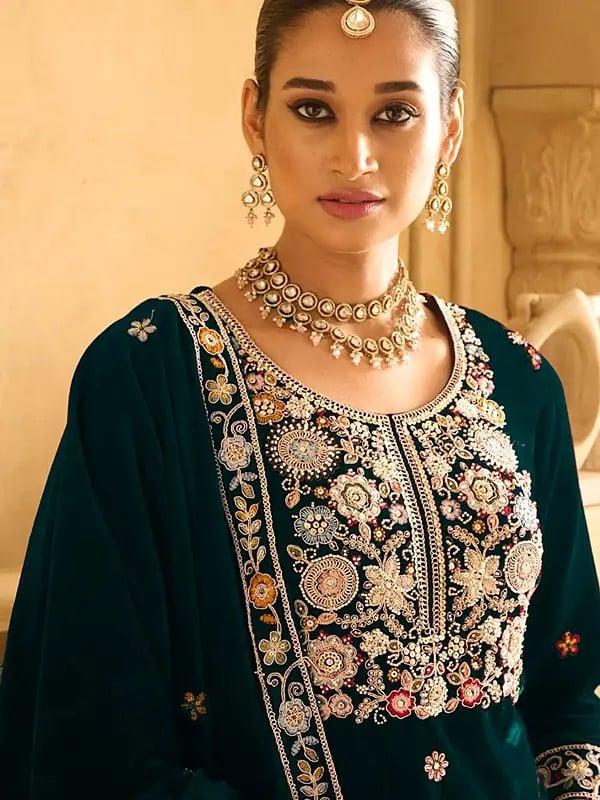 Exotic India Floral Embroidery And Sequins Work Party Wear Velvet Palazzo Suit With Matching Dupatta 