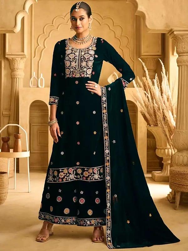 exotic india Floral Embroidery And Sequins Work Party Wear Velvet Palazzo Suit With Matching Dupatta 