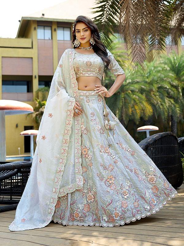 Exotic India Floral Embroidery And Zarkan Work Pure Fendy Silk Lehenga Choli With Pure Organza Dupatta 