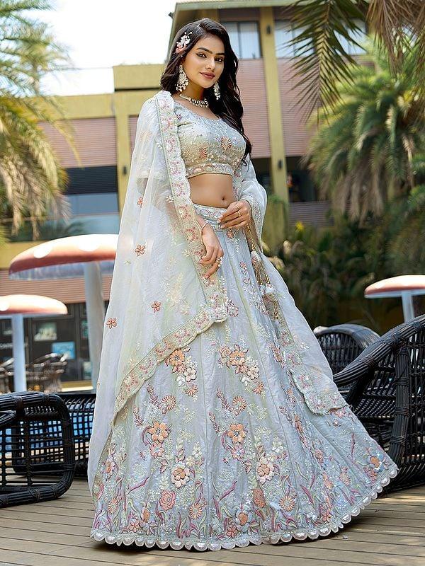 Exotic India Floral Embroidery And Zarkan Work Pure Fendy Silk Lehenga Choli With Pure Organza Dupatta 