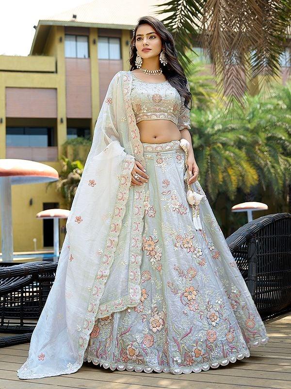 exotic india Floral Embroidery And Zarkan Work Pure Fendy Silk Lehenga Choli With Pure Organza Dupatta