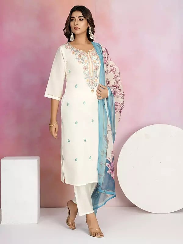 Exotic India Floral Embroidery Work Viscose Chanderi Attractive Kurta Set With Silk Printed Tassels Dupatta 