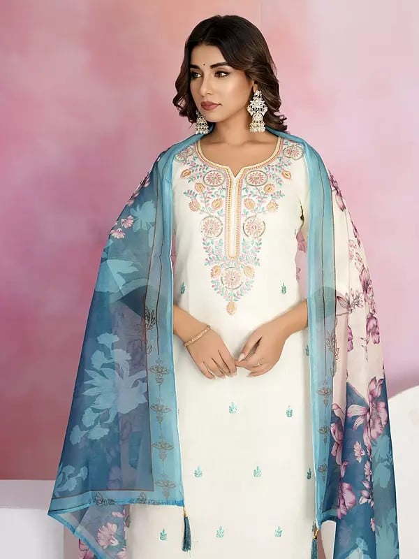 Exotic India Floral Embroidery Work Viscose Chanderi Attractive Kurta Set With Silk Printed Tassels Dupatta 