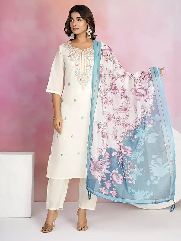 exotic india Floral Embroidery Work Viscose Chanderi Attractive Kurta Set With Silk Printed Tassels Dupatta 