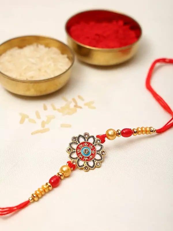 Exotic India Floral Enamelled Rakhi With Kumkum And Akshat 