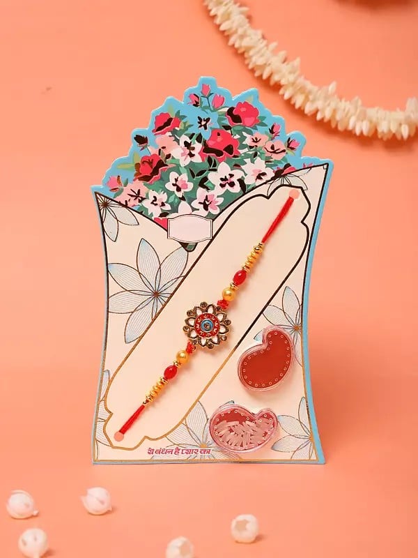 exotic india Floral Enamelled Rakhi with Kumkum and Akshat 