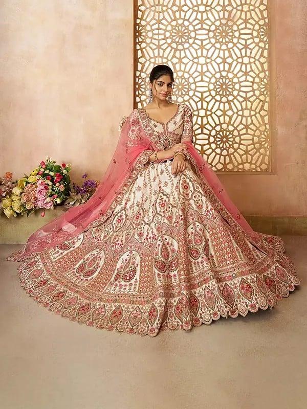Exotic India Floral Heavy Embroidery And Sequins Work Embellished Silk Lehenga Choli With Soft Net Dupatta 