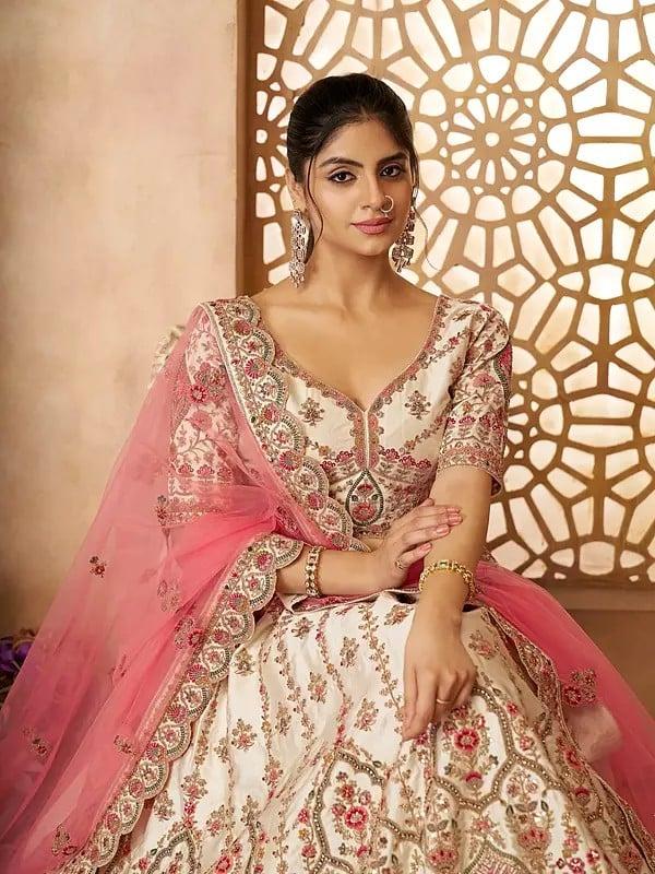 Exotic India Floral Heavy Embroidery And Sequins Work Embellished Silk Lehenga Choli With Soft Net Dupatta 