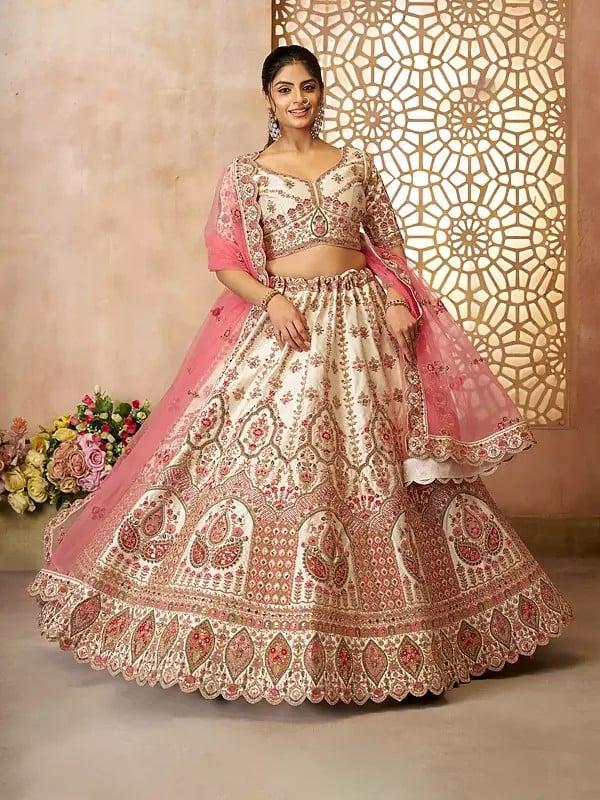 Exotic India Floral Heavy Embroidery And Sequins Work Embellished Silk Lehenga Choli With Soft Net Dupatta 