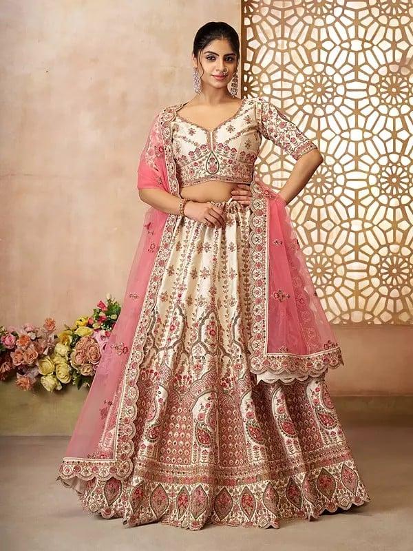 exotic india Floral Heavy Embroidery And Sequins Work Embellished Silk Lehenga Choli With Soft Net Dupatta 