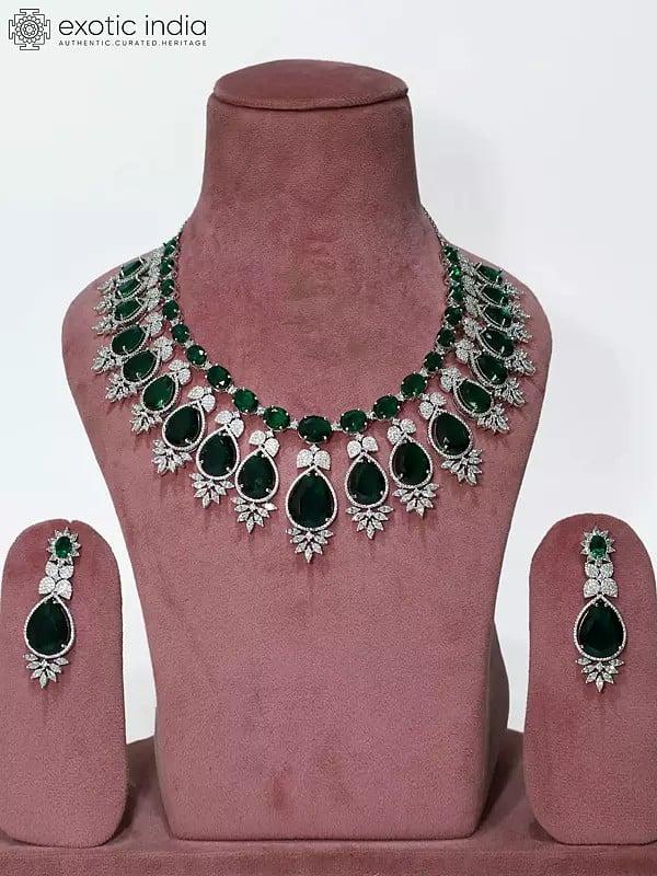 exotic india Floral Leaf Design Stone Studded American Diamond Necklace Set With Earrings 