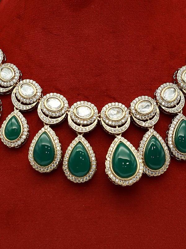 Exotic India Floral Leaf Stone Studded Moissanite Kundan With Monalisa Beads Elegant Necklace With Earrings