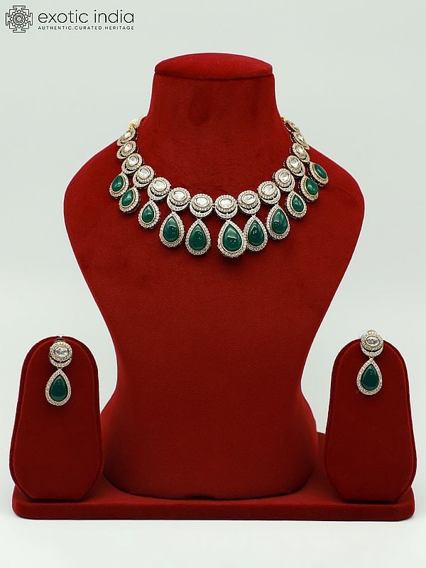 exotic india Floral Leaf Stone Studded Moissanite Kundan With Monalisa Beads Elegant Necklace With Earrings