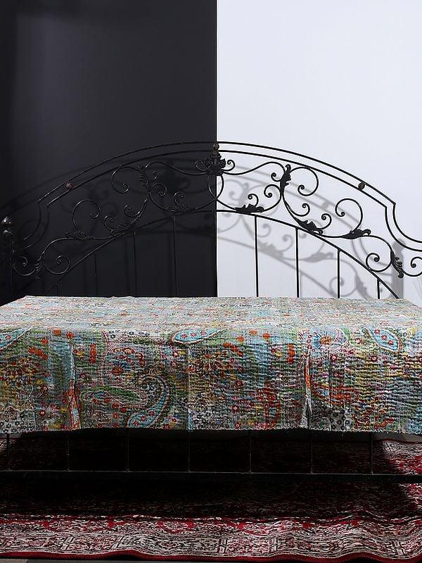 Exotic India Floral Multicolor Printed Twin Size Bedcover From Jaipur With Kantha Straight Stitch