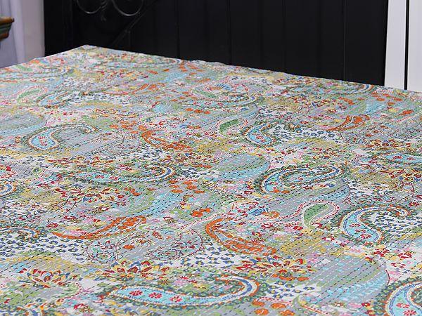 Exotic India Floral Multicolor Printed Twin Size Bedcover From Jaipur With Kantha Straight Stitch