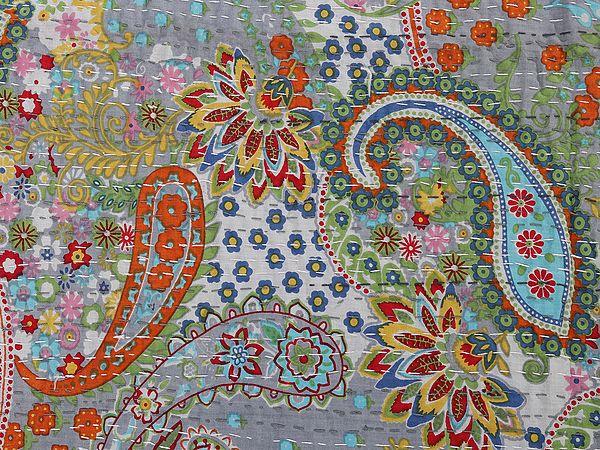 Exotic India Floral Multicolor Printed Twin Size Bedcover From Jaipur With Kantha Straight Stitch