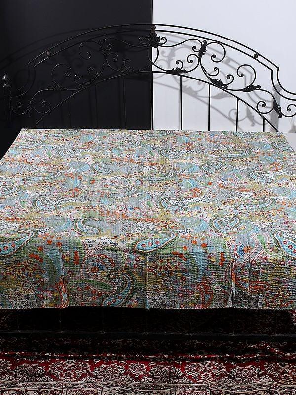 exotic india Floral Multicolor Printed Twin Size Bedcover from Jaipur with Kantha Straight Stitch