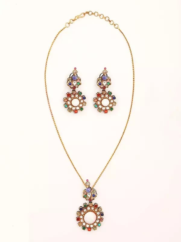 Exotic India Floral Multicolor Stone Studded Pendant And Earrings Set 