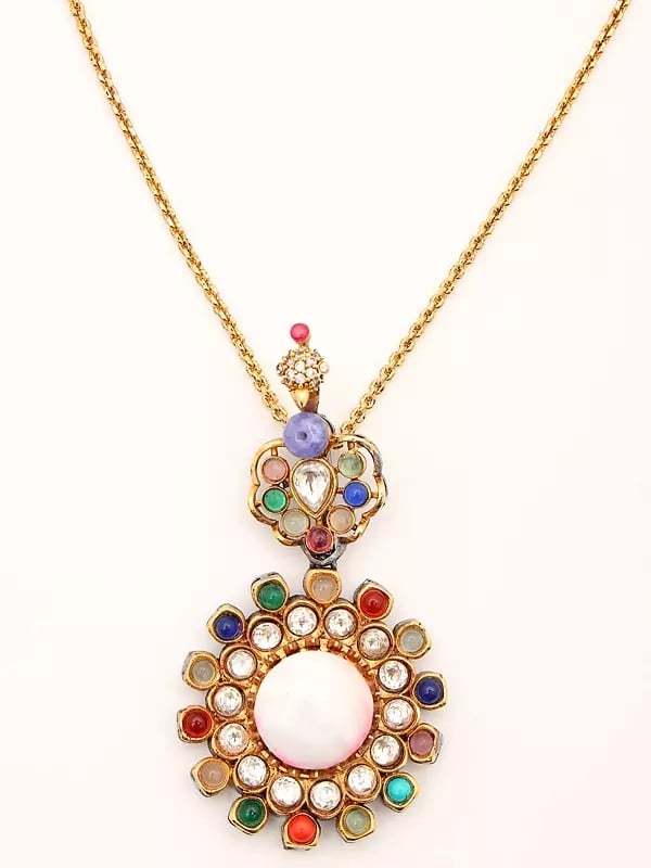 Exotic India Floral Multicolor Stone Studded Pendant And Earrings Set 