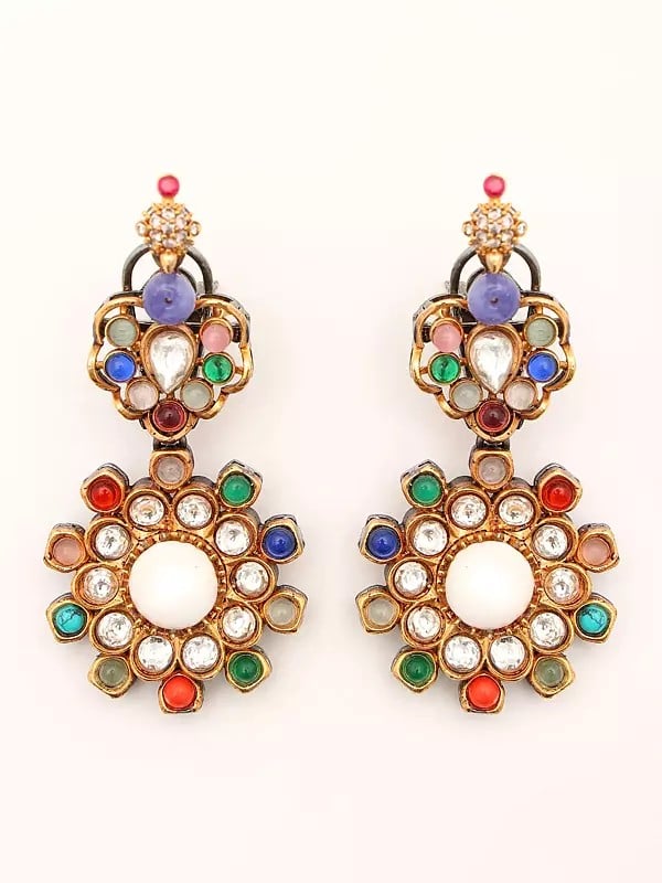 Exotic India Floral Multicolor Stone Studded Pendant And Earrings Set 