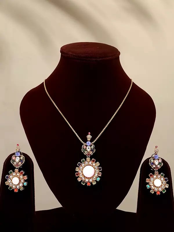 exotic india Floral Multicolor Stone Studded Pendant and Earrings Set 