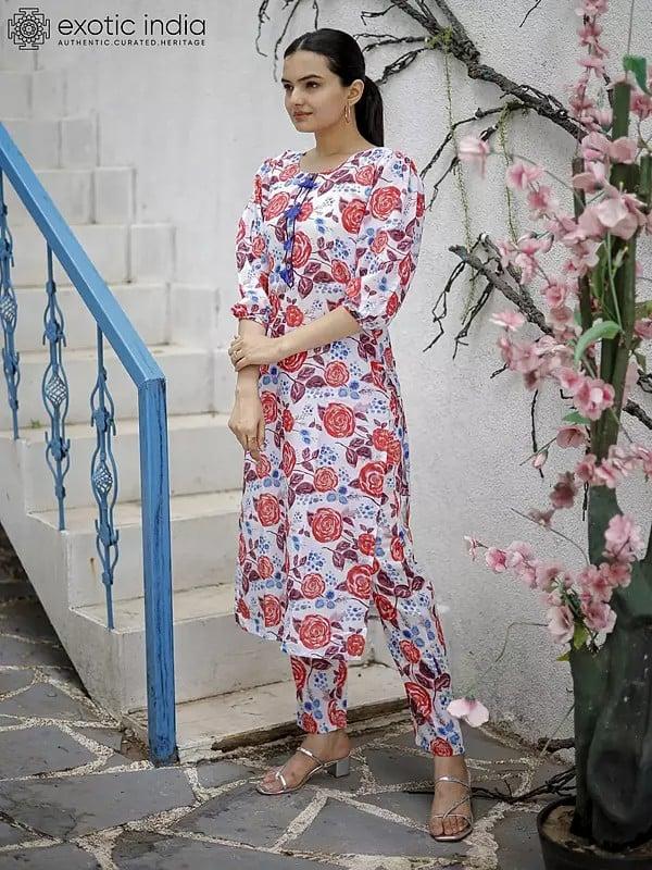 Exotic India Floral Pattern Co-Ord Set Printed Kurta With Tassels Button 